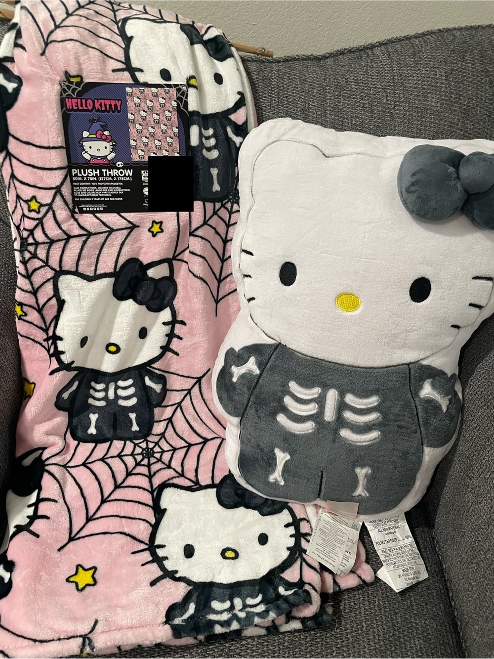 Hello Kitty Pink & Gray Skeleton Blanket and Pillow Set